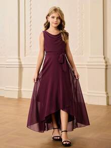 青少年女孩雪纺无袖不对称下摆连衣裙，腰带和蝴蝶结，甜美优雅，适合花童、婚礼、舞会、生日派对、圣诞节、万圣节、毕业典礼 - 酒紅色 - 查看 5