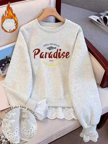 Resyla New Lace Trim Letter Print Crew Neck Hooded Long Sleeve Pullover Sweatshirt For Plus Size Women