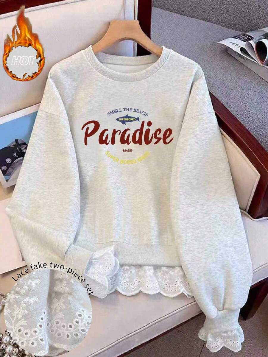 Resyla New Lace Trim Letter Print Crew Neck Hooded Long Sleeve Pullover Sweatshirt For Plus Size Women