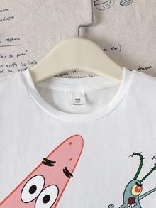 SpongeBob SquarePants | SHEIN Tween Boy Cute Cartoon Print Round Neck Short Sleeve T-Shirt, Summer Cartoon Graphic Tee Boys Cartoon Shirts For Kids Animated Tshirt For Teens Teenagers Cute Summer T Shirts - White - View 4