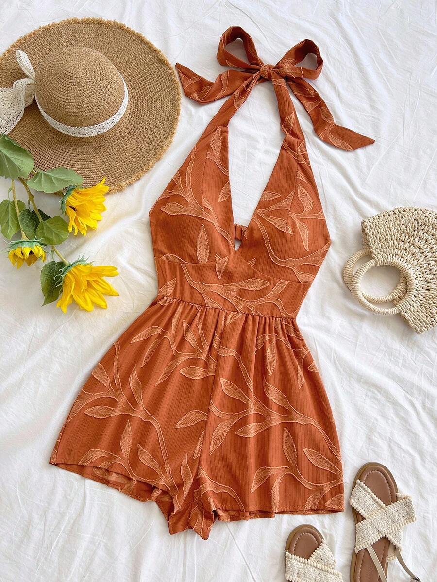 Soleia Combinaison dos nu avec nœud papillon, texture raphia marron, encolure en V, pour femmes. Convient pour les vacances, la plage, les festivals de musique, l'esprit hippie, les fêtes, les sorties et le thé de l'après-midi