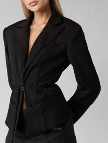 MISSGUIDED Damen Blazer Professionelle Geschäfts Formelle Bürokleidung Gürtel Langarm Tailliert Winter Slim Fit Maßgeschneidert Einzelner Knopf Revers Kragen Stilvolle Abendmode - Schwarz - Übersicht 6