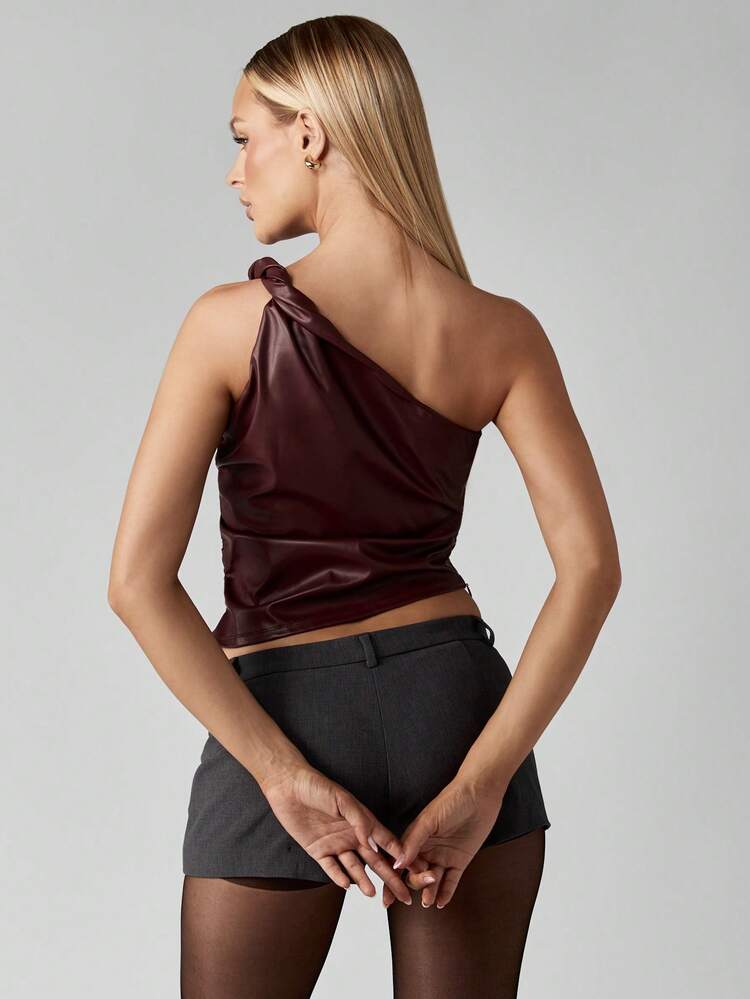 MISSGUIDED One Shoulder Leather Look Top With Ruched Detail For Evening Party Occasions Christmas