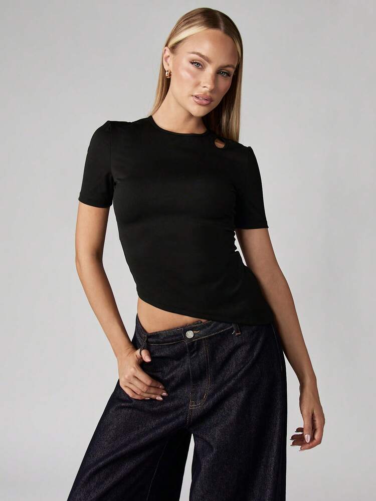 MISSGUIDED Short Sleeve Cut Out Crewneck Fitted Top For Summer Casual Everyday