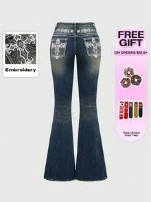 ROMWE Grunge Punk Jeans de tiro bajo con acampanado y corte crop, con bordado de cruz en los bolsillos, estilo vintage Y2K para mujeres