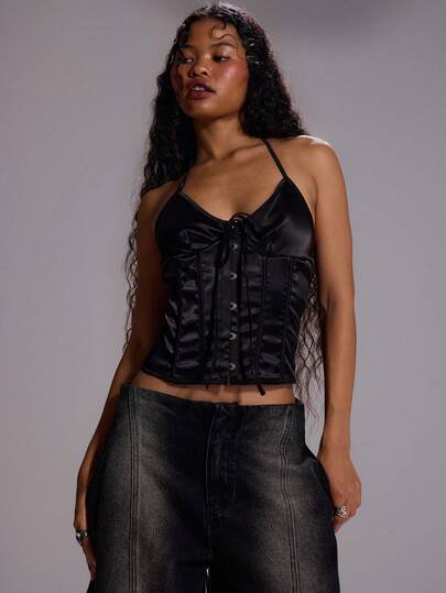 MUSERA Top de corset de satén falso con cordones y escote halter, sexy para salir en otoño, invierno, noche, fiesta elegante, distópica, navideña