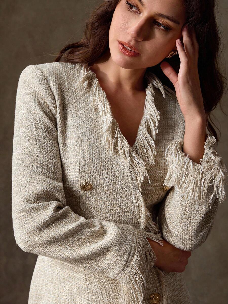 Lilora Khaki Tweed Tassel Long-Sleeved Short Women's Dress, Autumn/Winter,Business, Retro, Party, Resort, Outing, Old Money,Siren Coquettish, Prom, Ball, Valentine's Day, Cruise Attire, Commuting,  Richly Layered, Date Night, Gathering, Minimalism, Birthday, Formal Event,  Ibiza, Nashville, Break, Modest, Chic, Casual, Shopping, Street Wear, Going Out, Coquette,Sexy,Vintage,Street Wear,Boho,Formal,2000s Style,Casual,Hippie,Retro,Old Money Style