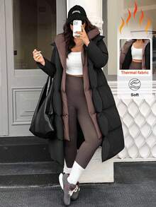 Easura Plus Size Casual Warm Color Block Hooded Padded Coat, Winter Long Jacket For Women Women Winter Clothes Outerwear Women