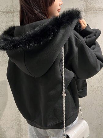 FRIFUL Women's Thermal Lined Fur Collar Patchwork Drop Shoulder Long Sleeve Zip Front Hoodie Jacket