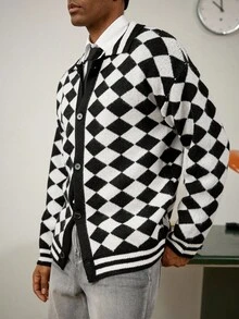 Manfinity Homme Herren Rhombus Muster Langarm Einreiher Lässig Strickjacke, Herbst - Verschiedenfarbig - Übersicht 5