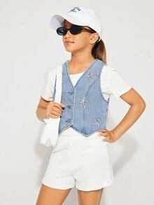 Radiana Tween Girls' Casual Sleeveless Denim Vest Jacket With Star Pattern Sequin Decoration For Spring Summer Beach Vacation Outfits - Medium Wash - View 4