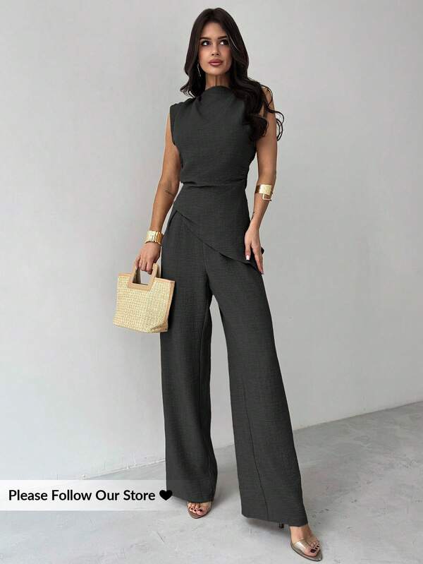 Firerie Conjunto de oficina elegante y casual minimalista en color caqui: Blusa de mujer con pliegues asimétricos en la cintura + Pantalones anchos de mujer con pliegues, Traje de lino para ir a la oficina, Atuendos de playa para mujer, Atuendo de aeropuerto, Atuendos de vacaciones, Atuendo de maestra