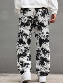 Claim Dot 男士扎染黑白撞色直筒裤 宽松裤 INS 黑白泼漆纹理宽松休闲裤 外出长款直筒休闲裤 送老公、男友礼物 秋季