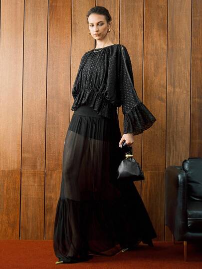 Arave Women's Polka Dot Chiffon Jacquard Drop Shoulder Waist Version Of The Ruffle Design Hem Elegant Dating Tops Elegant Women's Blouses Women's Social Blouse