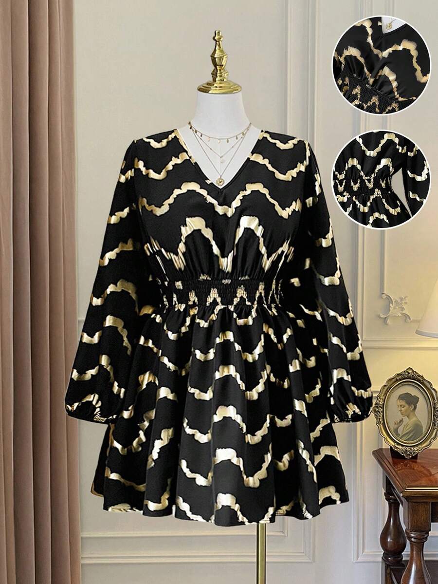 SHEIN Clasi Vestido mini de manga larga con pliegues y efecto metalizado en talla grande - Negro - Ver 1