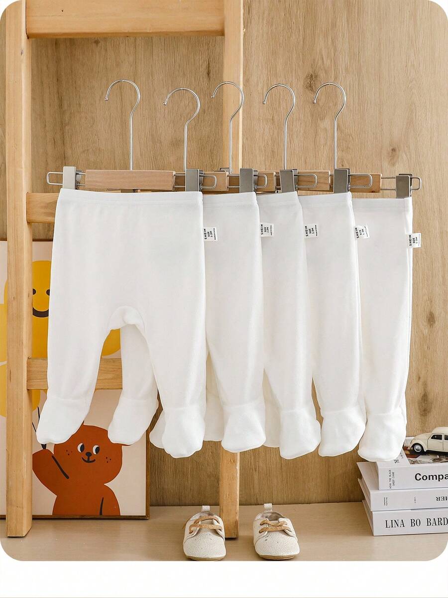 SHEIN Bộ 5 quần legging dệt kim màu trơn cạp chun cho bé trai/bé gái sơ sinh, giản dị và đa năng - trắng - Xem 1