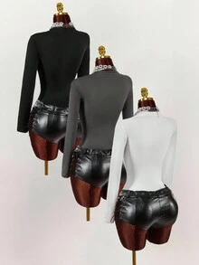 Amplova Set de 3 camisetas de manga larga de cuello redondo, de unicolor, de ajuste ceñido y casual, adecuadas para primavera, otoño e invierno - Multicolor - Ver 2