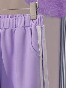 Sparklyn Girls Purple Round Neck Ribbed Cuff & Hem Design White Woven Fabric 2 In 1 Bowknot Collar Elastic Waist Wide Leg Pants 2 Pieces Set, Autumn/Winter Fall - Purple - View 7