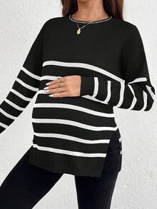 SHEIN 秋季服装，秋装，孕妇秋冬服装，孕妇条纹印花圆领开衩休闲长袖套头毛衣，女士毛衣，女士套头衫，孕妇秋冬加大码毛衣 - 黑與白 - 查看 4