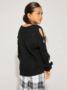 Radiana Tween Girls Casual Round Neck Long Sleeve Hollow Out Bow Sweater, Autumn/Winter - Black - View 2