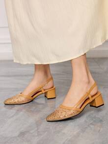 Sleekvia 女士休闲水钻网眼透气粗跟高跟鞋 - 棕色 - 查看 1