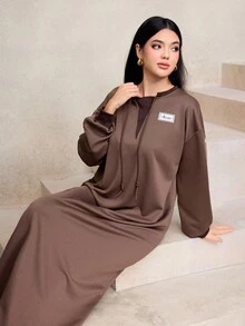 Graceveil 女式休闲抽绳装饰宽松圆领长款连帽衫，棕色，秋冬 - 棕色 - 查看 5