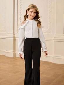 Girls' Long Sleeve Mesh Patchwork Ruffle Trim Blouse + High Waist Pants Elegant Halloween Christmas Outfit Fall Winter - White - View 1