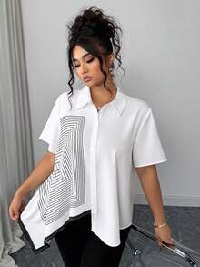 Elenzga Áo cánh tay ngắn họa tiết sọc đen trắng hình học cỡ lớn dành cho nữ, dáng rộng thoải mái, phong cách Pháp thanh lịch, dễ mặc khi đi làm - trắng - Xem 5