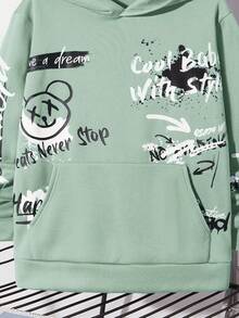 SHEIN 1件青少年男童休闲宽松舒适百搭涂鸦印花卫衣，冬季、秋季、所有季节，卫衣图案，印花卫衣，秋季上衣 - 薄荷綠 - 查看 7