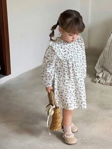 SHEIN Cute Floral Ruffle Trim Long Sleeve Dress, Infant/Toddler Girls Spring/Autumn Fall Winter - White - View 1