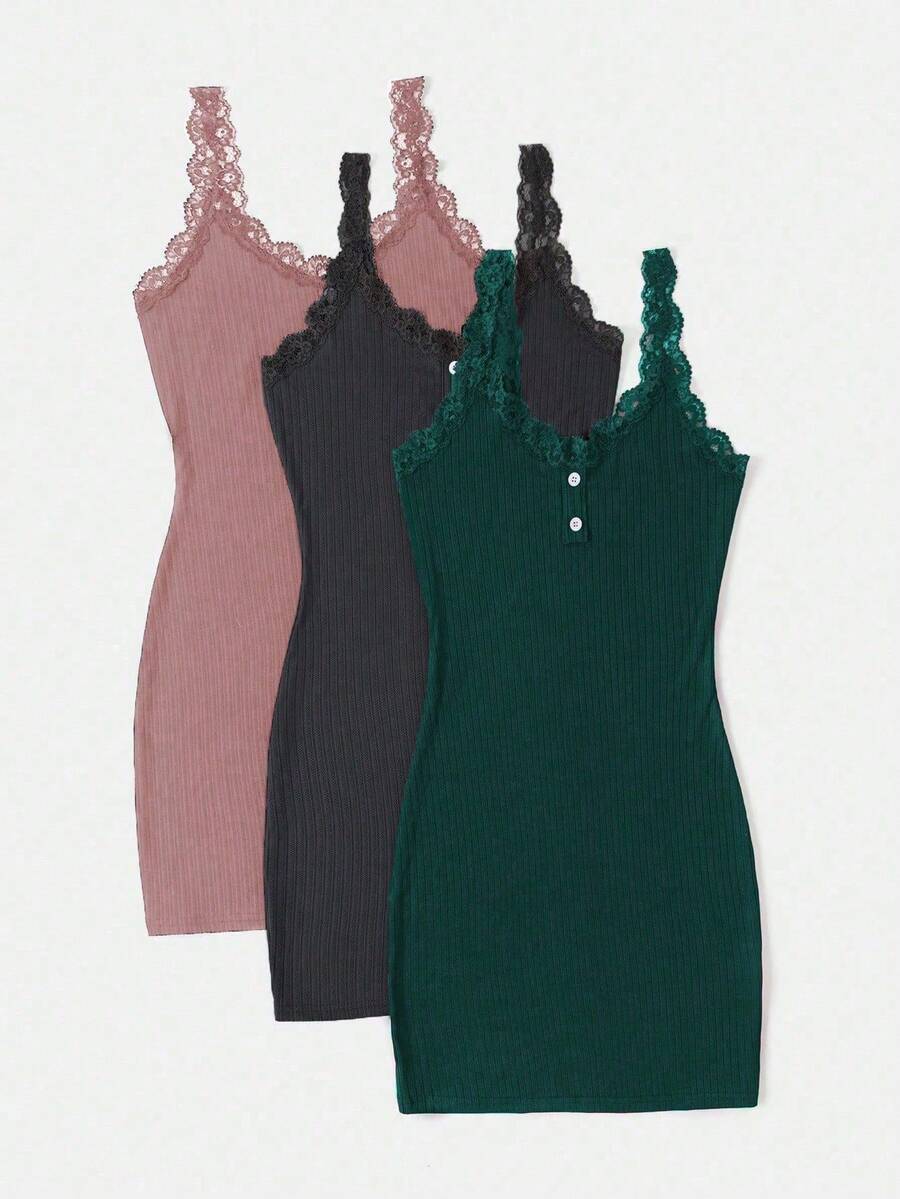 Snug Zone 3pcs/Set Women Lace Button Design Casual Camisole Nightgown Set - Multicolor - View 1