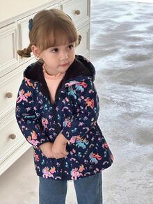 SHEIN 女婴秋冬新款休闲可爱碎花粉色小花保暖外套加厚连帽保暖外套秋季幼儿女童外套 - 寶藍色 - 查看 4