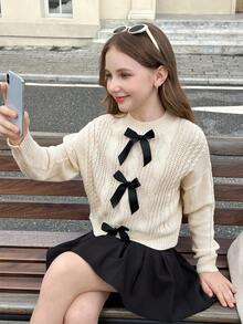 SHEIN Tween Girls' Casual Elegant Knitted Colorblock Bow Turtleneck Sweater, Versatile & Cute For Everyday Wear, Autumn/Winter Fall - Khaki - View 3
