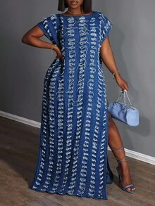 Slaydiva Váy Maxi Denim Xẻ Tà Bên Hông Thời Trang Cỡ Lớn - Màu xanh lam - Xem 2