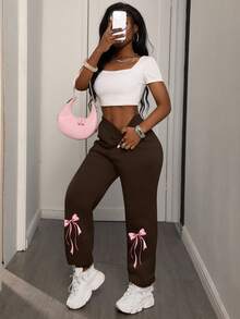 SHEIN Unity Women's Casual Bow Print Jogger Pants - Coffee Brown - View 1