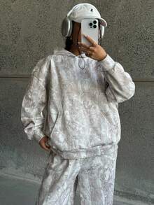 2pcs/Set Teen Girls Fashionable Leaf Print Loose Fit Sweatshirt + Pants Set, Casual Thick & Fashionable Fall Winter - Grey - View 3