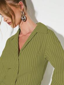 KIZN Elegant Pinstripe Asymmetric Mini Dress Shirt Puff Sleeve V Neck Office Workwear Button Down Collared Blouse Fall Winter Business Attire - Khaki - View 5