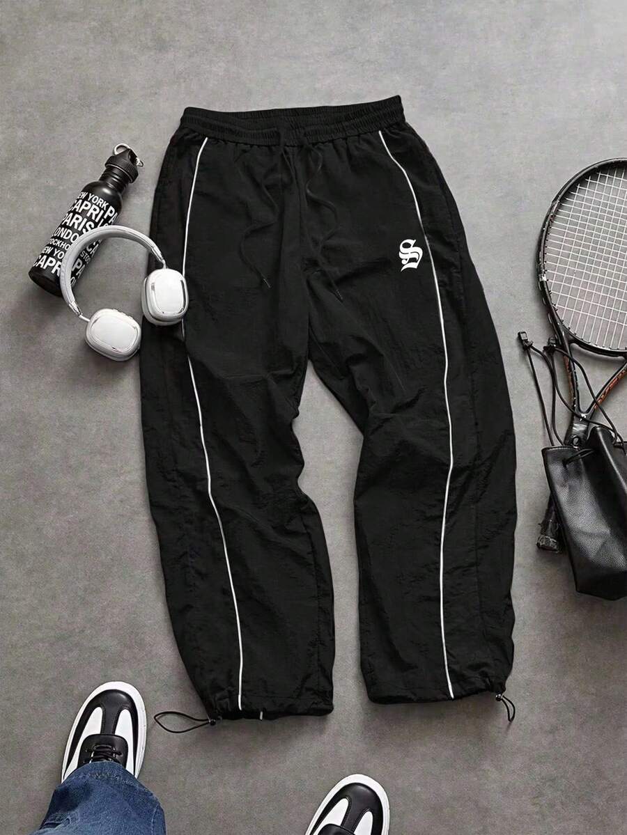Manfinity Sport Corelite 男士撞色滚边字母印花抽绳腰运动裤 运动服 运动裤 健身裤 黑白运动裤 宽松健身服 运动裤 - 黑色 - 查看 1