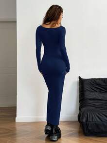 SHEIN EZwear Đầm suông dài tay cổ vuông màu xám đơn giản cho nữ xuân/hè Đầm ôm sát tay dài Đầm xanh đậm Đầm xanh dài tay Đầm xanh cong Đầm dài bó - Màu xanh hải quân - Xem 2