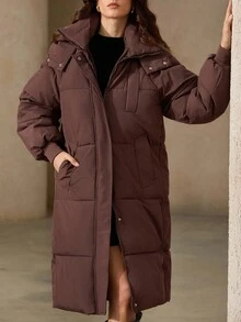 Aveloria Rosie Women's Mid-Length Padded Coat, Stand Collar Hooded, Loose Fit, Warm, Casual, Versatile, Korean Style, Winter