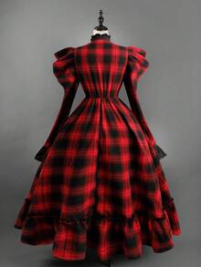 Sunspun 格纹拼接腰部收紧优雅修身连衣裙 - 紅色 - 查看 2