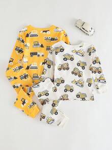 Cozy Pixies 4 pezzi Set pigiama aderente per bambino, stampa di dinosauri cartoni animati, maglia in morbido tessuto a maglia con collo a giro e pantaloni lunghi in vita elastica