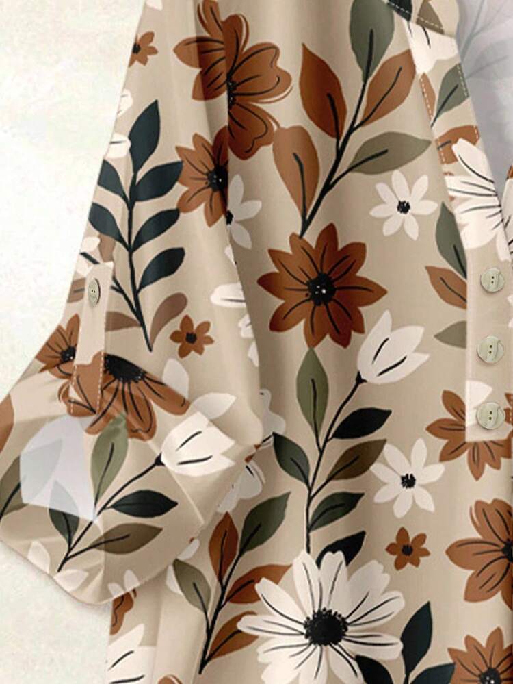 Women's V-Neck Floral Print Short Sleeve Curved Hem Casual Shirt & Pants 2-Piece Set