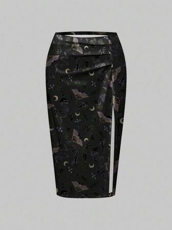 Goth Gonna lunga da donna con ampia apertura laterale, stile gotico, misterioso e mori, con stampe di piante, falene, serpenti, lune, stelle e foglie, per taglie comode