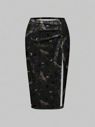 Goth Falda de mujer de talla grande con abertura alta, estampado de plantas, polillas, serpientes, lunas, estrellas y hojas, en estilo gótico, oscuro y misterioso Mori