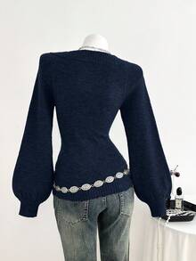 Elamini Áo len nữ dáng rộng cổ chữ V màu trơn tay đèn lồng - Màu xanh hải quân - Xem 2