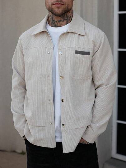 Manfinity CasualCool Men's Long Sleeve Autumn Color Block Single Breasted Pocket Casual Jacket , Men's Long Sleeve Casual Metal Buckle Front Pocket Corduroy Texture Shirt Style Jacket INS Best-Selling Casual Elegant Jacket Suitable For Spring And Autumn