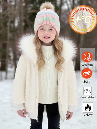 Emery Rose Kids Emery Rose Kids 女童纯色毛绒仿皮草休闲外套 女童毛绒外套 女童冬季外套 抓绒外套 女童仿皮草外套 女童秋季冬季外套