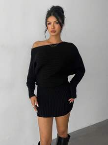 Aloruh Women's Casual Y2K Fashion Black Ribbed Asymmetric Collar Long Sleeve Loose Bodycon Mini Sweater Dress, Autumn/Winter