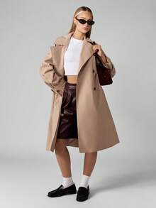 MISSGUIDED 女式双排扣风衣经典秋冬长款系带外套休闲商务办公装及膝轻便职业大衣 - 卡其色 - 查看 5